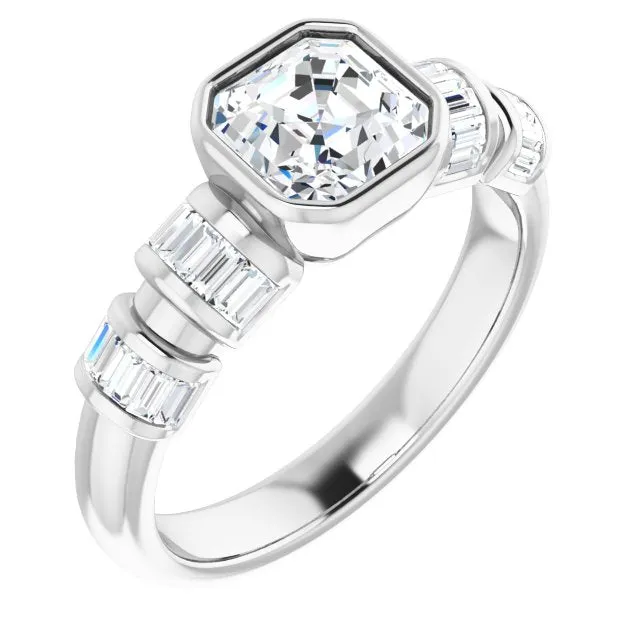 Cubic Zirconia Engagement Ring- The Astrid (Customizable Bezel-set Asscher Cut Design with Quad Horizontal Band Sleeves of Baguette Accents)