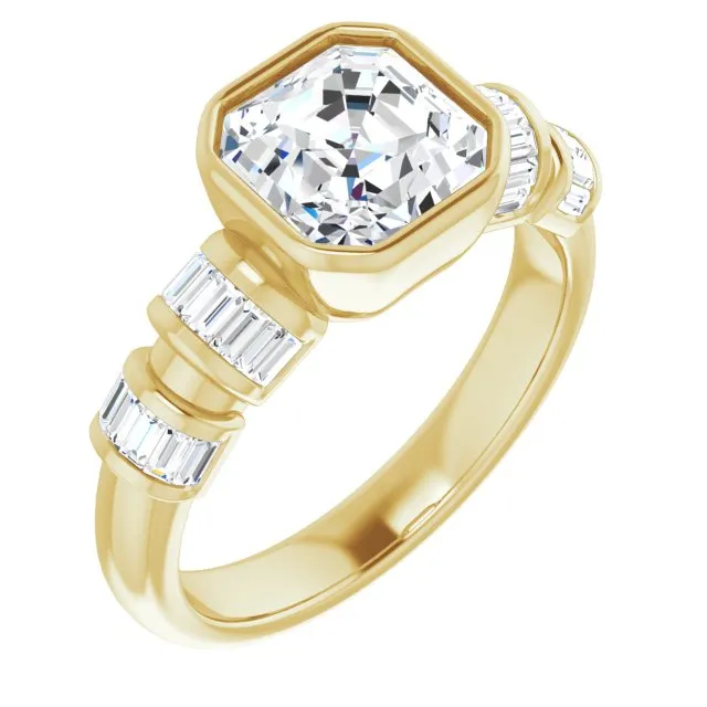 Cubic Zirconia Engagement Ring- The Astrid (Customizable Bezel-set Asscher Cut Design with Quad Horizontal Band Sleeves of Baguette Accents)