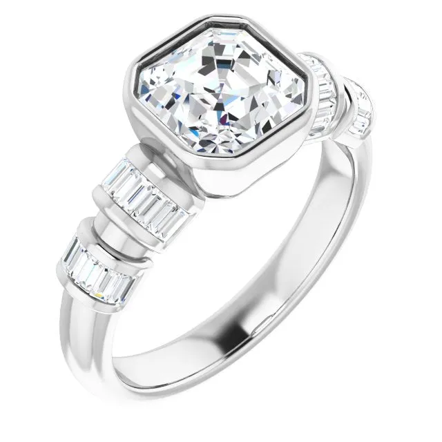 Cubic Zirconia Engagement Ring- The Astrid (Customizable Bezel-set Asscher Cut Design with Quad Horizontal Band Sleeves of Baguette Accents)