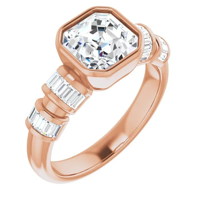 Cubic Zirconia Engagement Ring- The Astrid (Customizable Bezel-set Asscher Cut Design with Quad Horizontal Band Sleeves of Baguette Accents)
