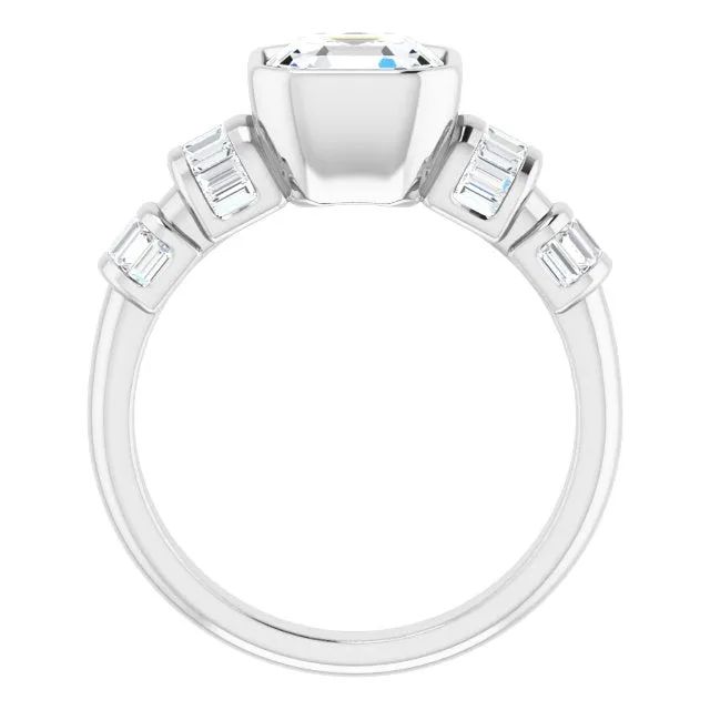 Cubic Zirconia Engagement Ring- The Astrid (Customizable Bezel-set Asscher Cut Design with Quad Horizontal Band Sleeves of Baguette Accents)