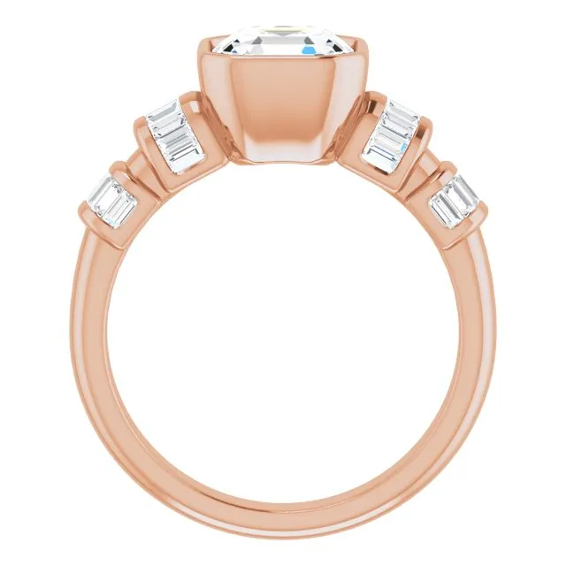 Cubic Zirconia Engagement Ring- The Astrid (Customizable Bezel-set Asscher Cut Design with Quad Horizontal Band Sleeves of Baguette Accents)