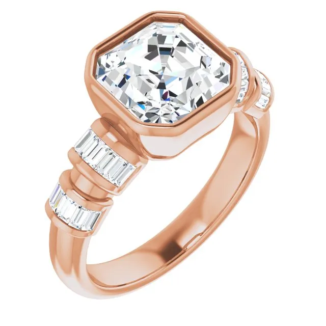 Cubic Zirconia Engagement Ring- The Astrid (Customizable Bezel-set Asscher Cut Design with Quad Horizontal Band Sleeves of Baguette Accents)