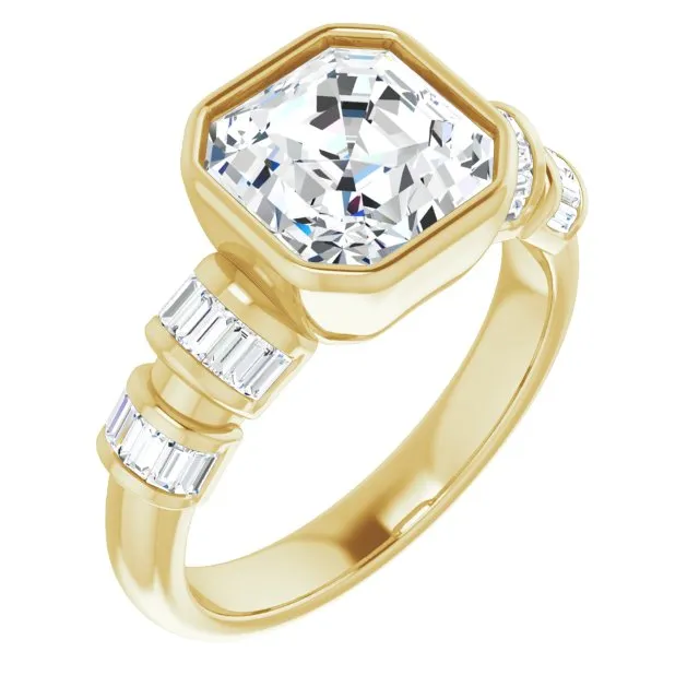 Cubic Zirconia Engagement Ring- The Astrid (Customizable Bezel-set Asscher Cut Design with Quad Horizontal Band Sleeves of Baguette Accents)