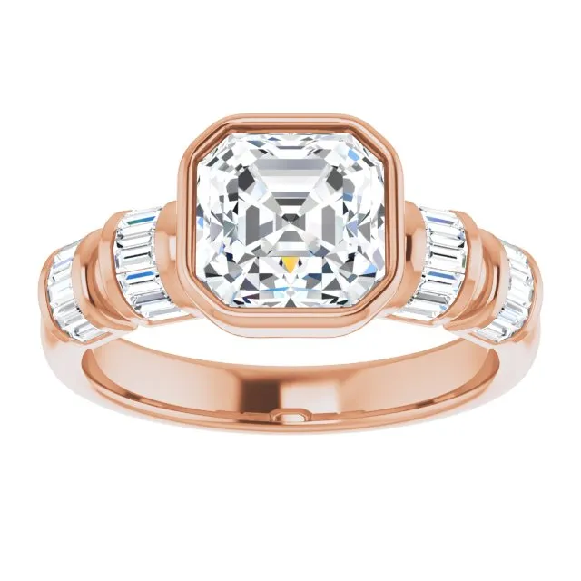 Cubic Zirconia Engagement Ring- The Astrid (Customizable Bezel-set Asscher Cut Design with Quad Horizontal Band Sleeves of Baguette Accents)