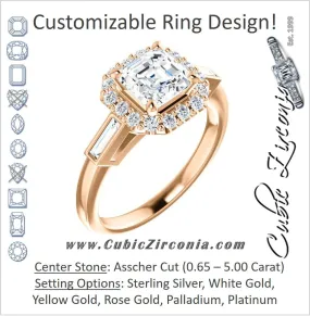 Cubic Zirconia Engagement Ring- The Azariah (Customizable Cathedral Asscher Cut Design with Halo and Straight Baguettes)