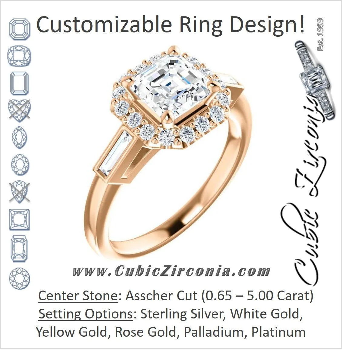 Cubic Zirconia Engagement Ring- The Azariah (Customizable Cathedral Asscher Cut Design with Halo and Straight Baguettes)