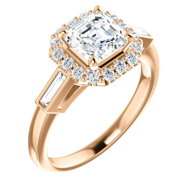 Cubic Zirconia Engagement Ring- The Azariah (Customizable Cathedral Asscher Cut Design with Halo and Straight Baguettes)