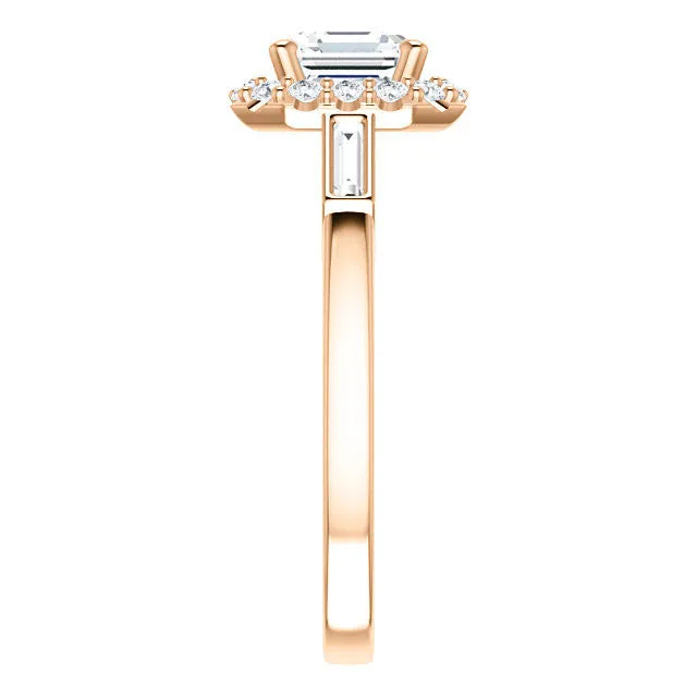 Cubic Zirconia Engagement Ring- The Azariah (Customizable Cathedral Asscher Cut Design with Halo and Straight Baguettes)
