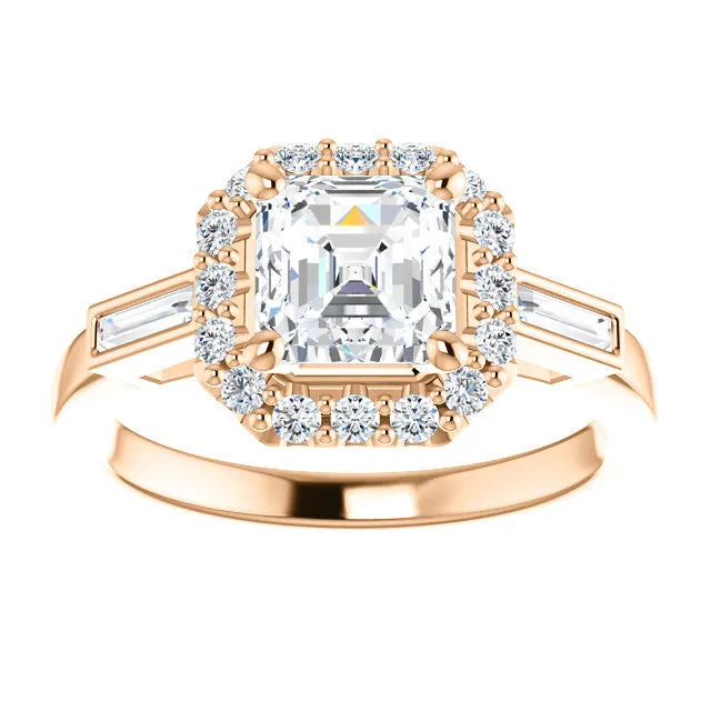Cubic Zirconia Engagement Ring- The Azariah (Customizable Cathedral Asscher Cut Design with Halo and Straight Baguettes)
