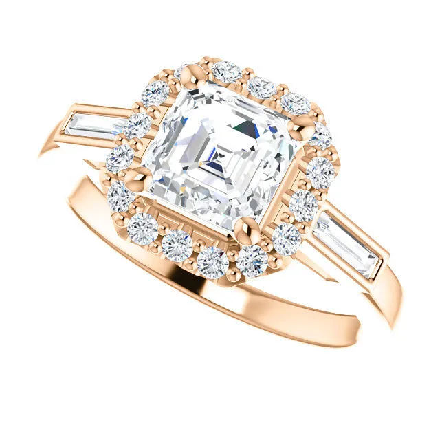 Cubic Zirconia Engagement Ring- The Azariah (Customizable Cathedral Asscher Cut Design with Halo and Straight Baguettes)