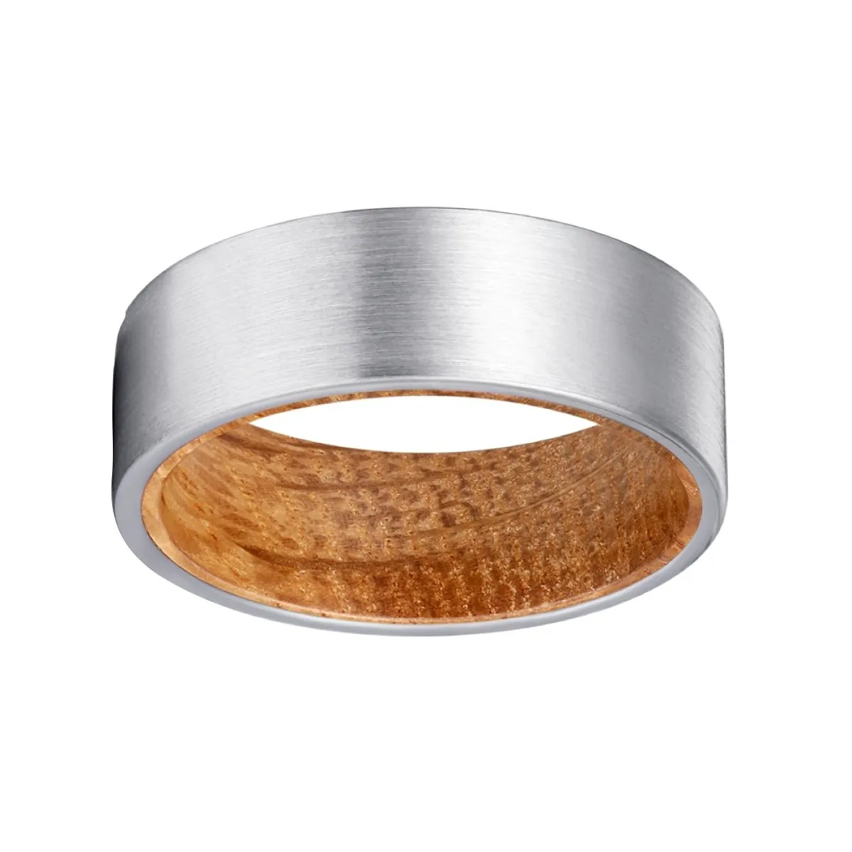 DALMORE | Whiskey Barrel Wood, Silver Tungsten Ring, Brushed, Flat