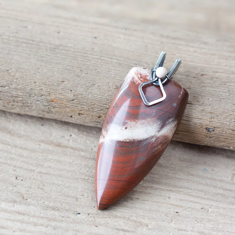 Dreamy White and Red Jasper Pendant, oxidized sterling silver bail