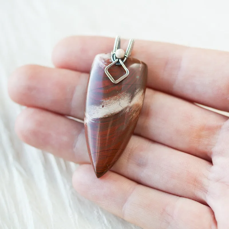 Dreamy White and Red Jasper Pendant, oxidized sterling silver bail