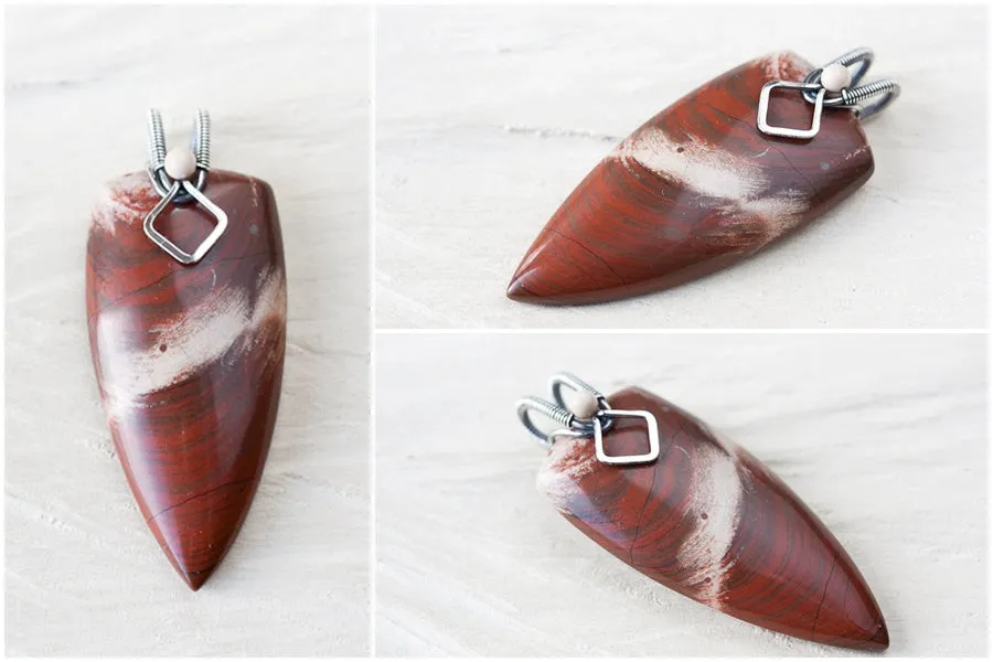 Dreamy White and Red Jasper Pendant, oxidized sterling silver bail