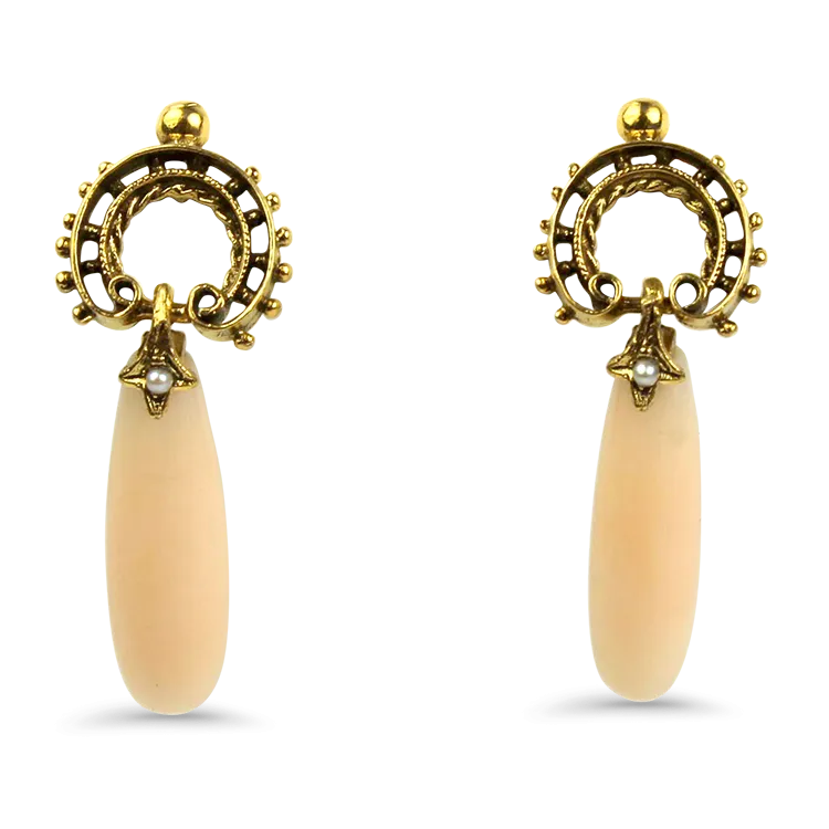 Estate 14k Yellow Gold Coral Drop Earrings