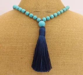Faux Turquoise Beads & Dark Blue Tassel, Pendant Necklace
