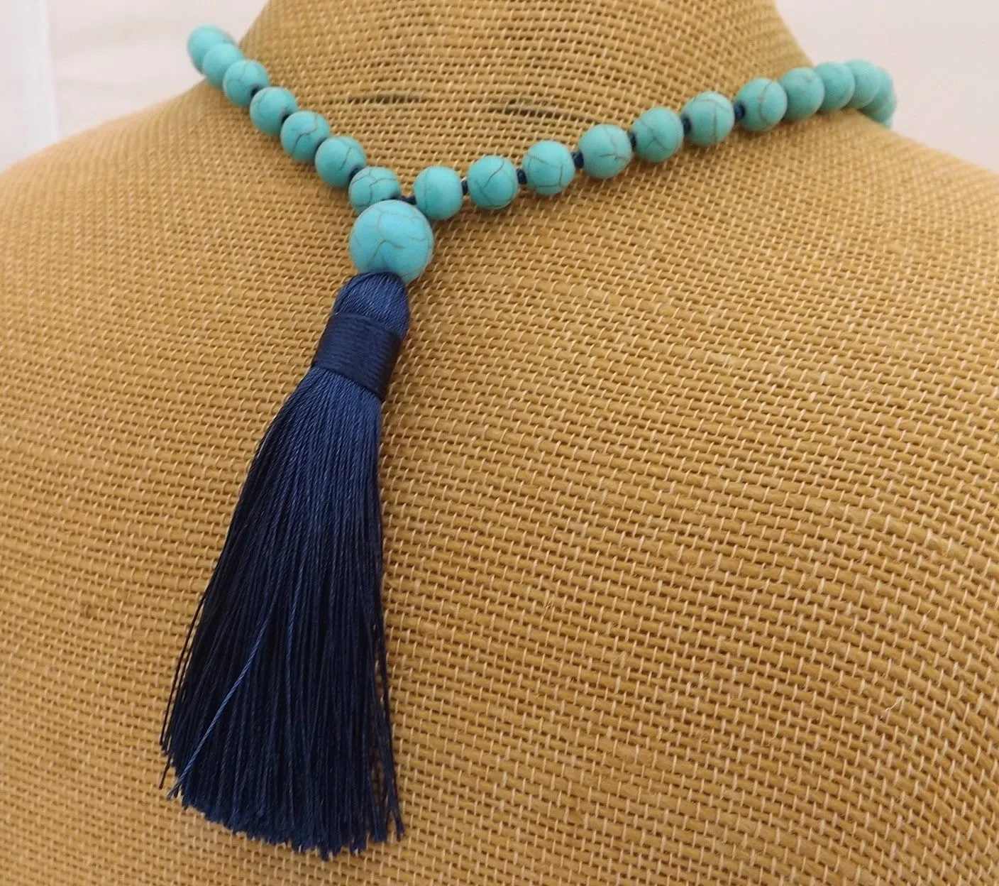 Faux Turquoise Beads & Dark Blue Tassel, Pendant Necklace