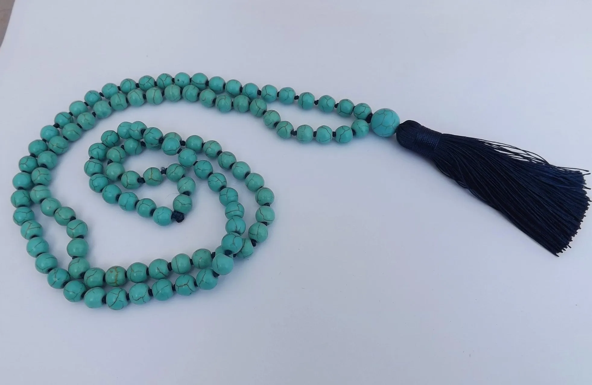 Faux Turquoise Beads & Dark Blue Tassel, Pendant Necklace