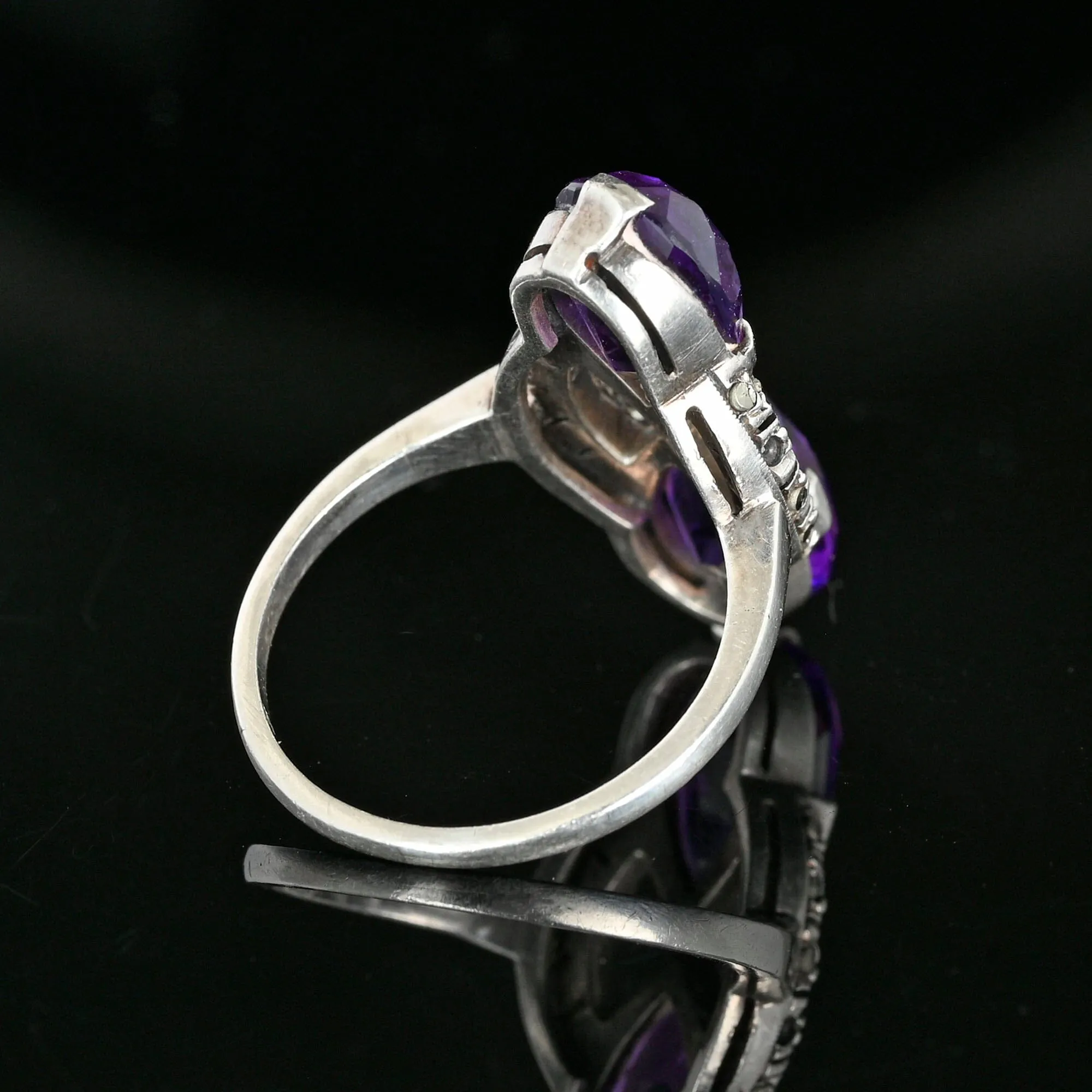 Fine 935 Silver Marcasite Pear Cut Amethyst Ring