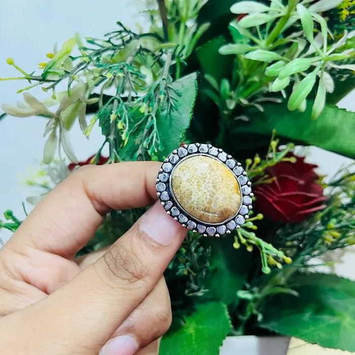 Fossil Coral Gemstone Ring, German Silver Ring ,Handmade Ring , Adjustable Size Ring ,Casual Ring ,Gift for all