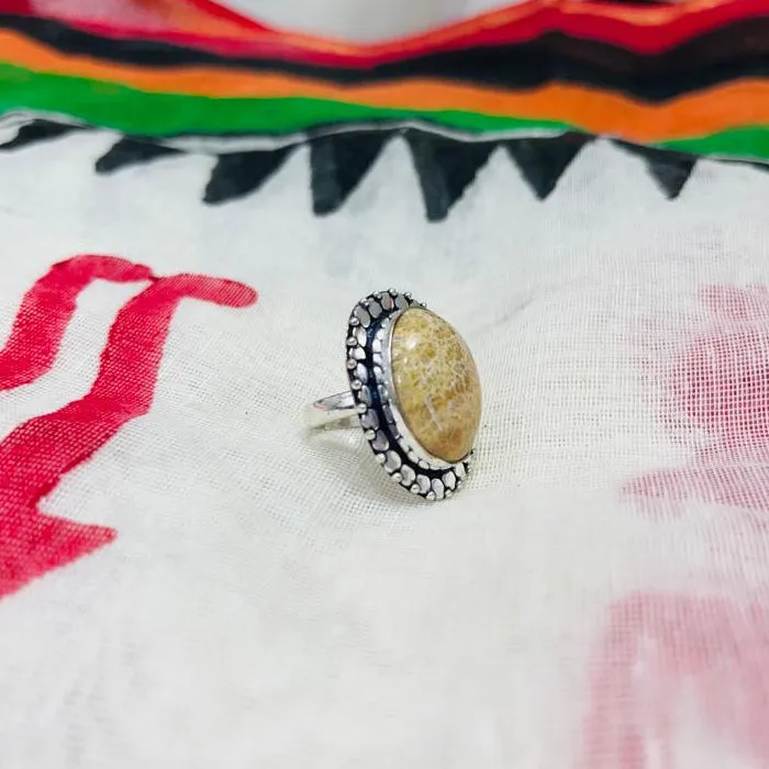 Fossil Coral Gemstone Ring, German Silver Ring ,Handmade Ring , Adjustable Size Ring ,Casual Ring ,Gift for all