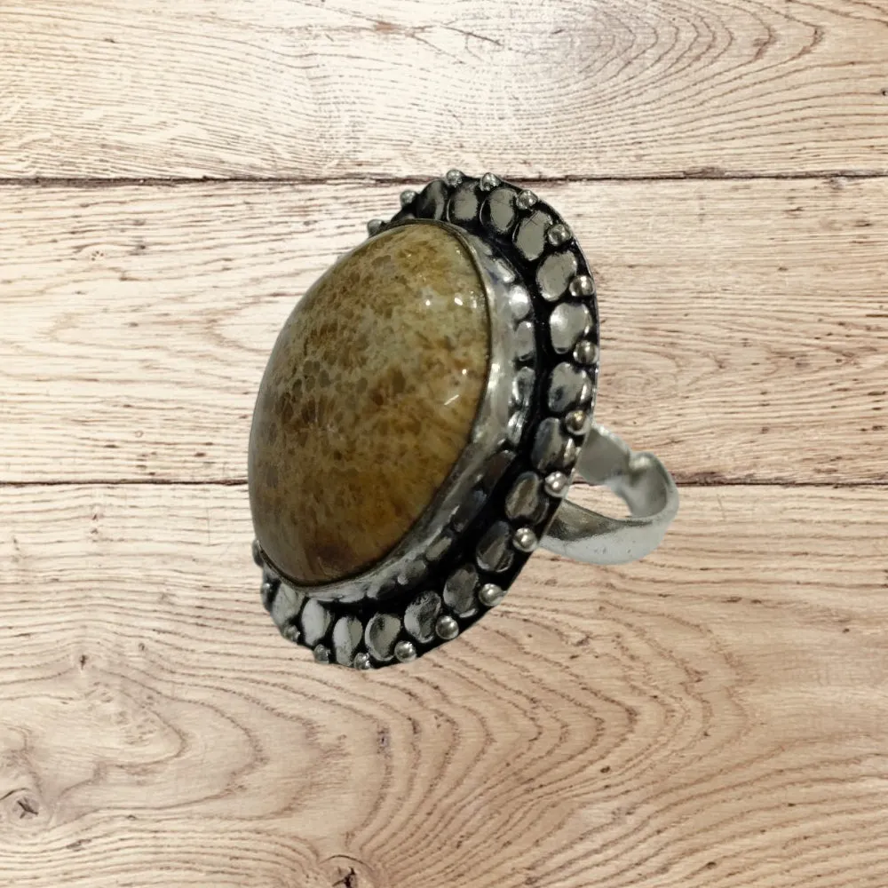 Fossil Coral Gemstone Ring, German Silver Ring ,Handmade Ring , Adjustable Size Ring ,Casual Ring ,Gift for all