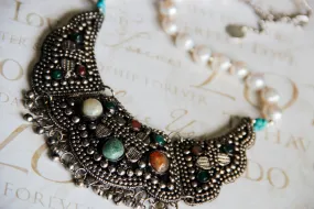 Freshwater Pearl Carnelian and Green Agate Afghani Bib Fringe Necklace, The Venice
