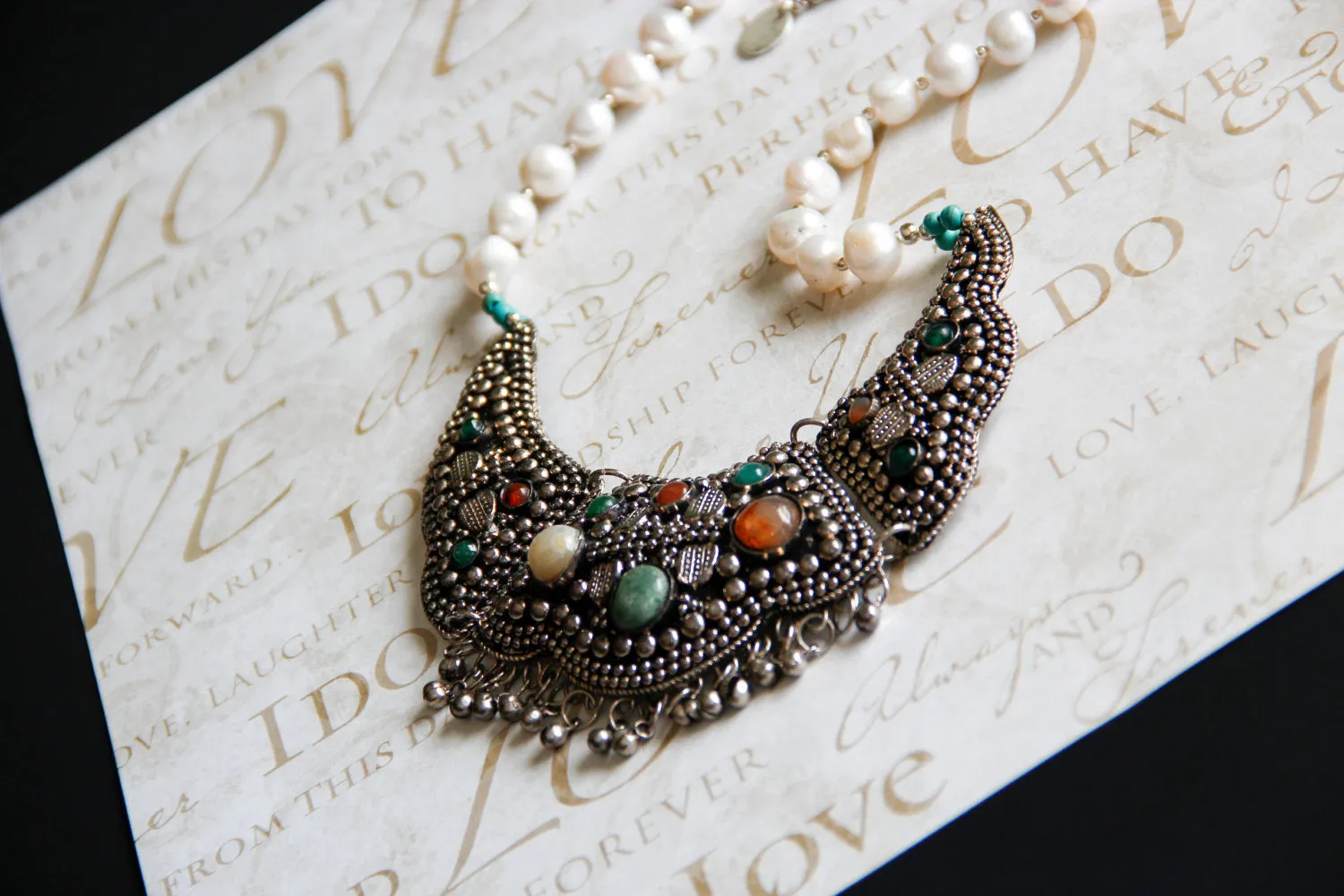 Freshwater Pearl Carnelian and Green Agate Afghani Bib Fringe Necklace, The Venice
