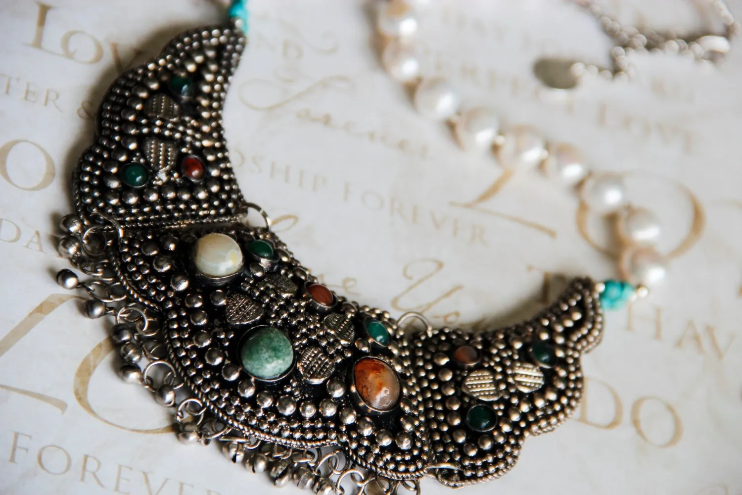 Freshwater Pearl Carnelian and Green Agate Afghani Bib Fringe Necklace, The Venice