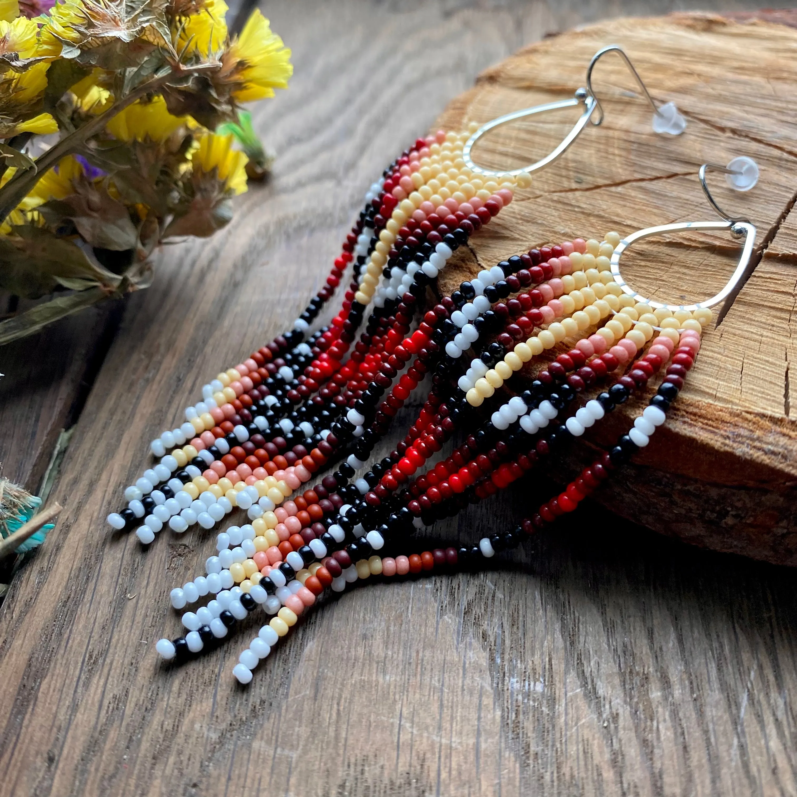 Fringe Seed Beaded Indigenous Earrings Native inspired, Long Dangle Earrings, Chandelier Earrings, Ethnic Earrings, Earthy Earrings, Statement Earrings, Boho Earrings, Hippie Earring