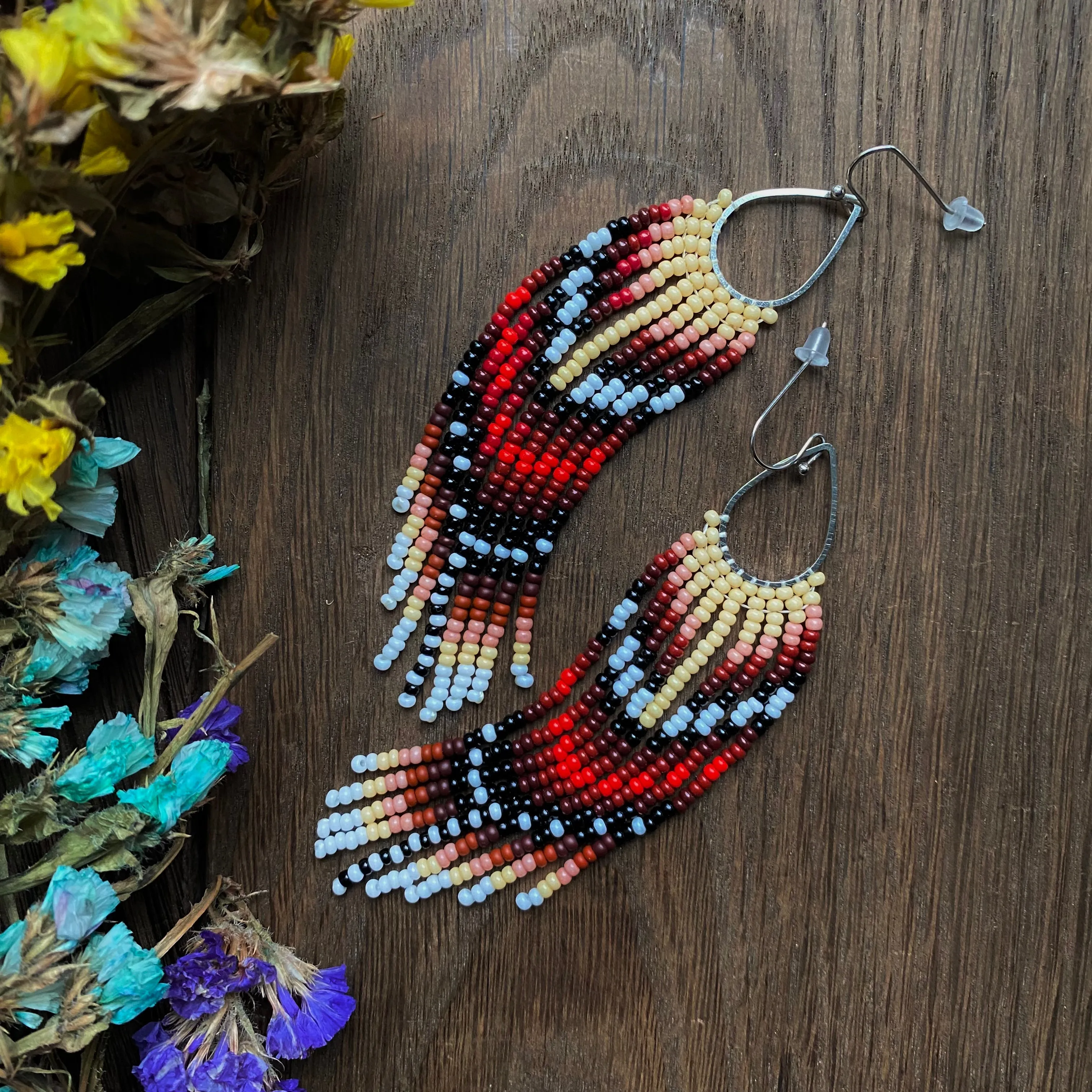 Fringe Seed Beaded Indigenous Earrings Native inspired, Long Dangle Earrings, Chandelier Earrings, Ethnic Earrings, Earthy Earrings, Statement Earrings, Boho Earrings, Hippie Earring