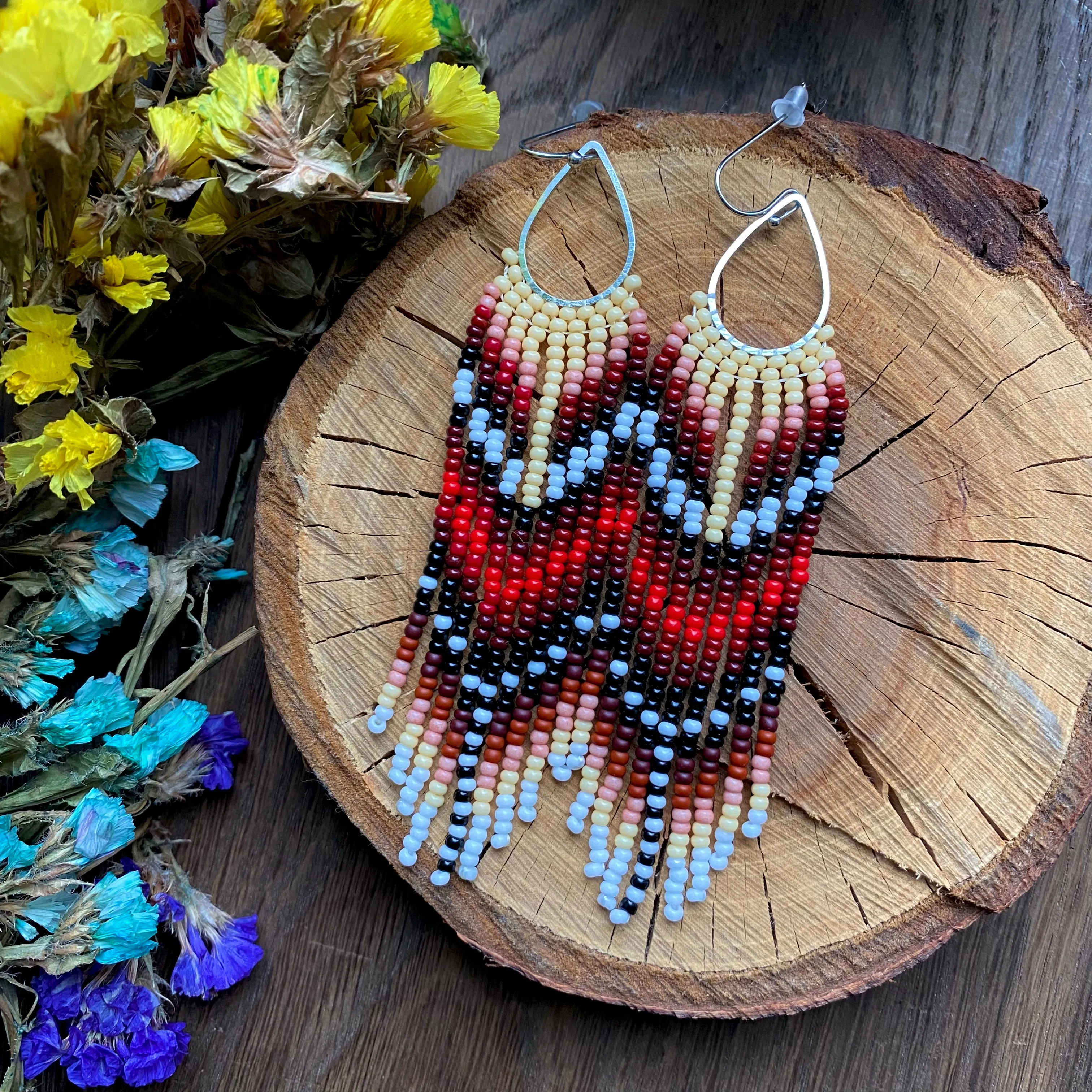 Fringe Seed Beaded Indigenous Earrings Native inspired, Long Dangle Earrings, Chandelier Earrings, Ethnic Earrings, Earthy Earrings, Statement Earrings, Boho Earrings, Hippie Earring