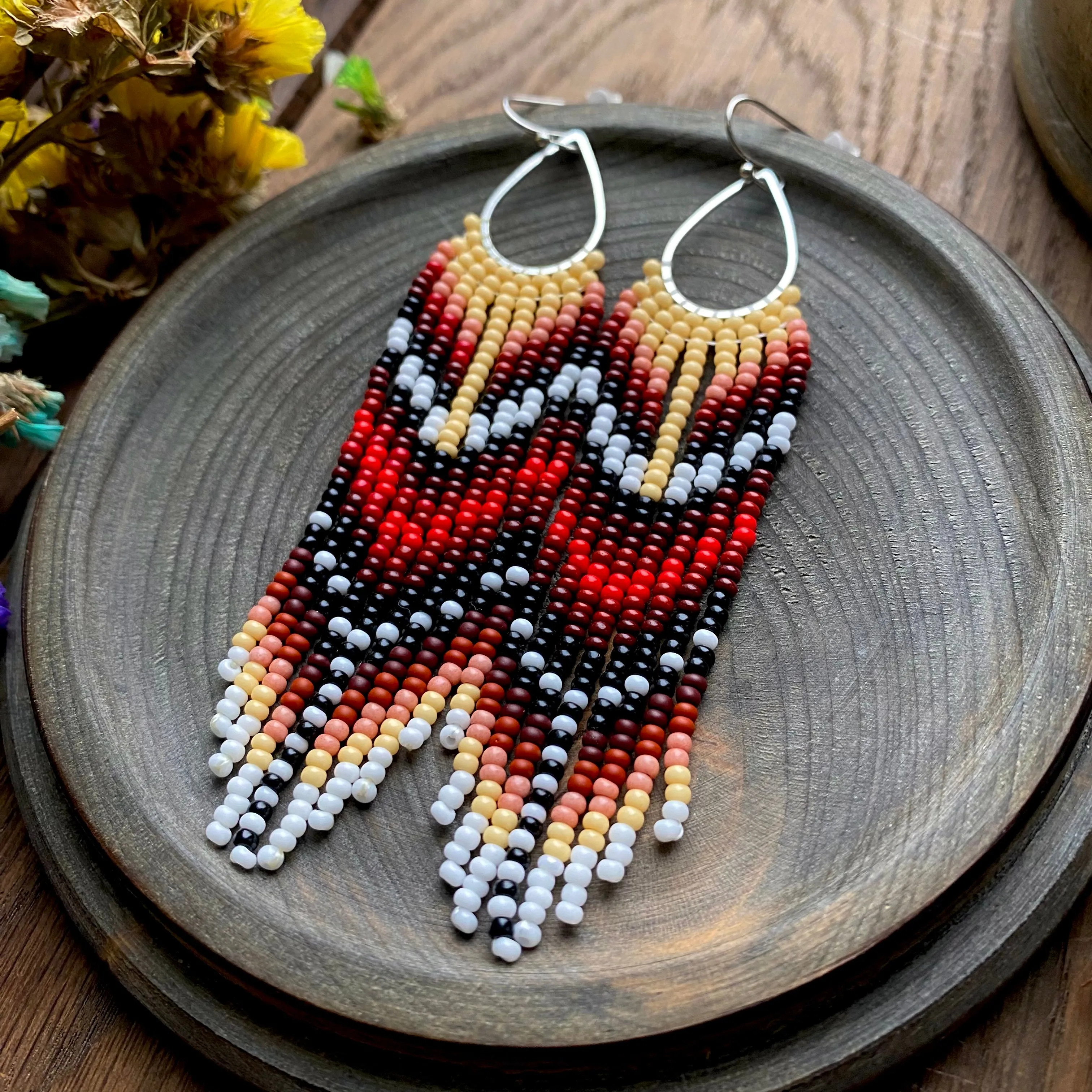 Fringe Seed Beaded Indigenous Earrings Native inspired, Long Dangle Earrings, Chandelier Earrings, Ethnic Earrings, Earthy Earrings, Statement Earrings, Boho Earrings, Hippie Earring