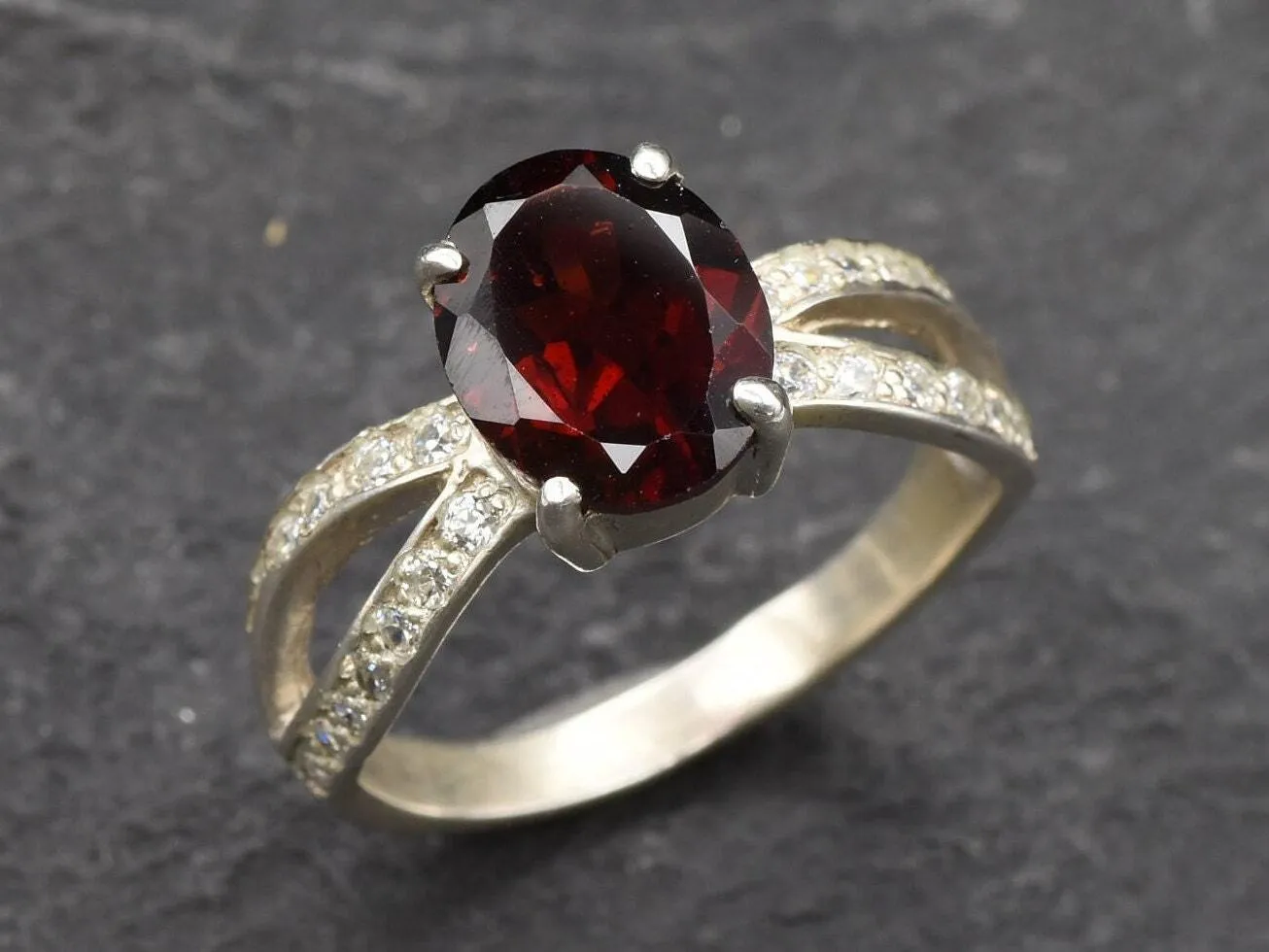 Garnet Vintage Ring - January Birthstone Ring - Split Paved Band