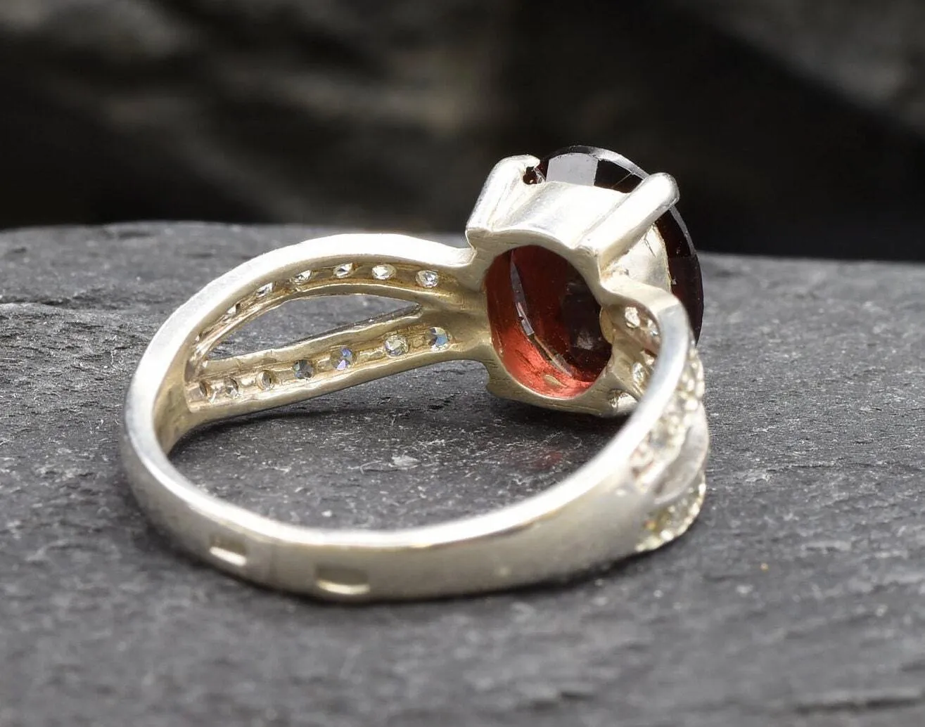 Garnet Vintage Ring - January Birthstone Ring - Split Paved Band