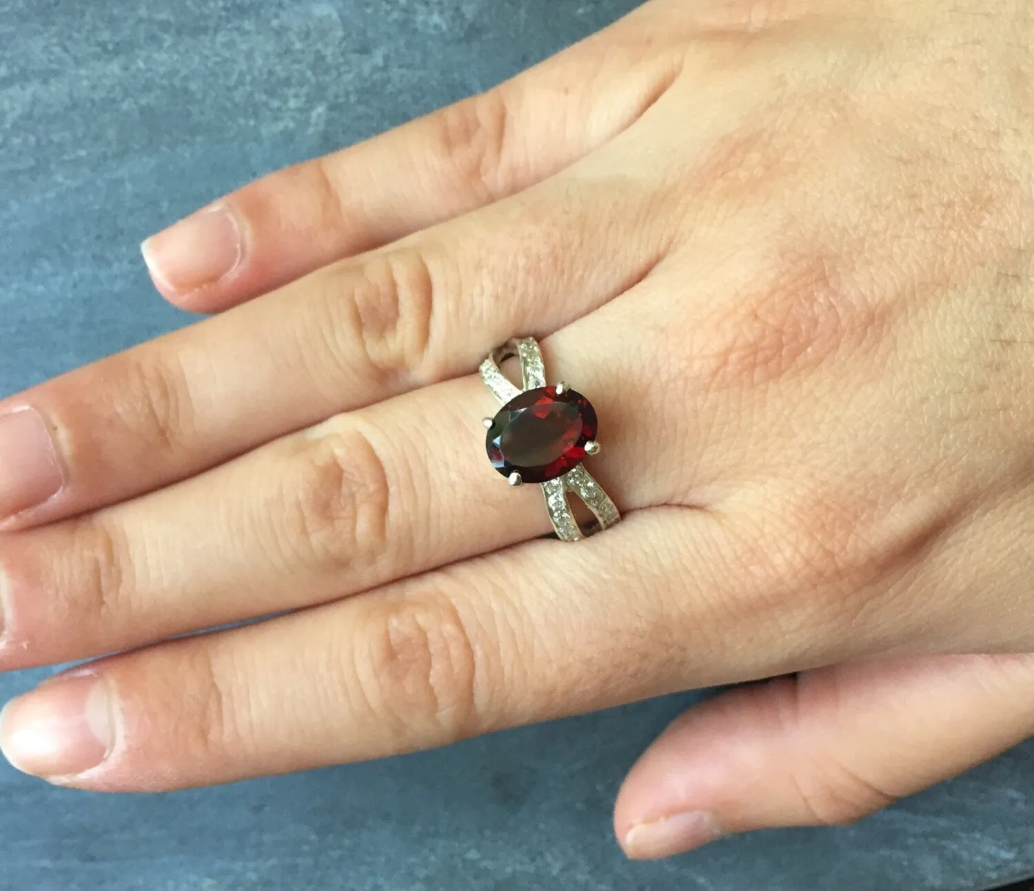 Garnet Vintage Ring - January Birthstone Ring - Split Paved Band
