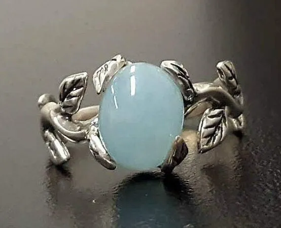 Genuine Aquamarine Ring - Blue Solitaire Ring - Leaf Branch Ring