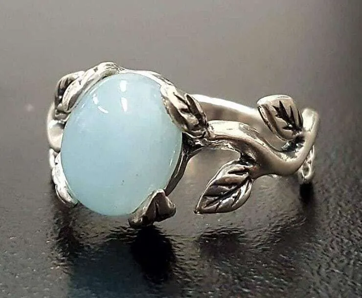 Genuine Aquamarine Ring - Blue Solitaire Ring - Leaf Branch Ring