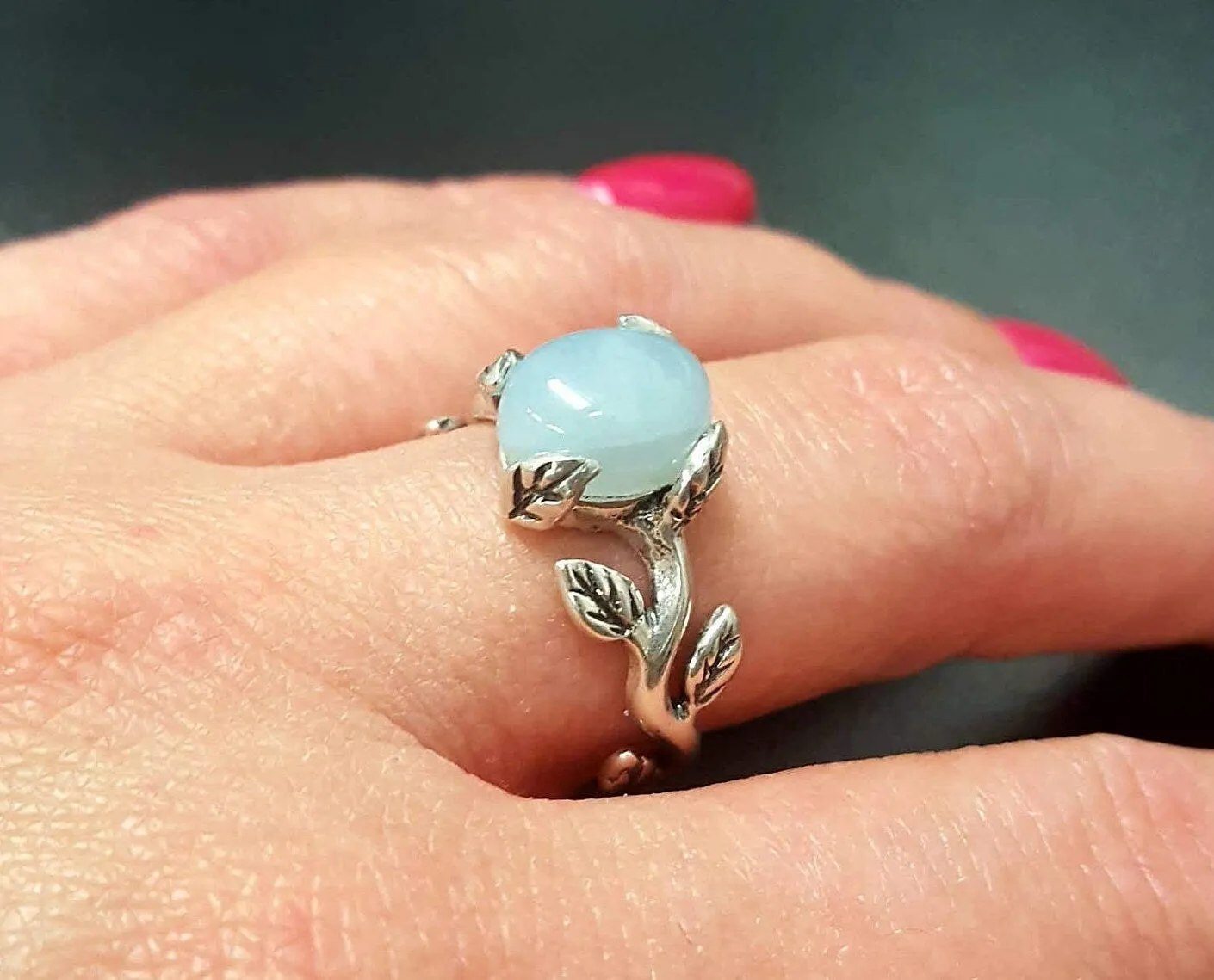 Genuine Aquamarine Ring - Blue Solitaire Ring - Leaf Branch Ring