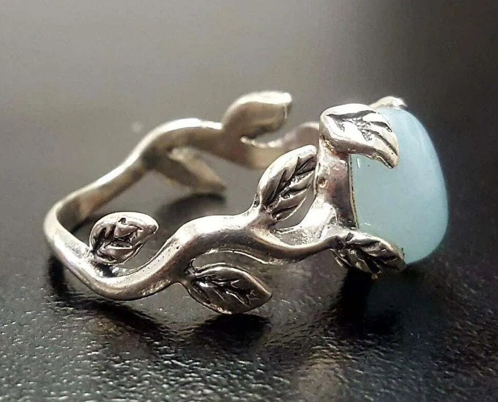 Genuine Aquamarine Ring - Blue Solitaire Ring - Leaf Branch Ring