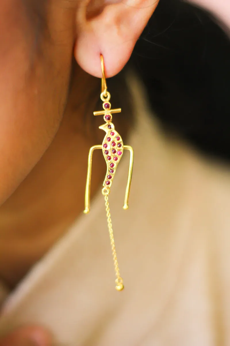 Goddess Parrot Resting Single Chandelier Hoop Earrings (Gold-plated)