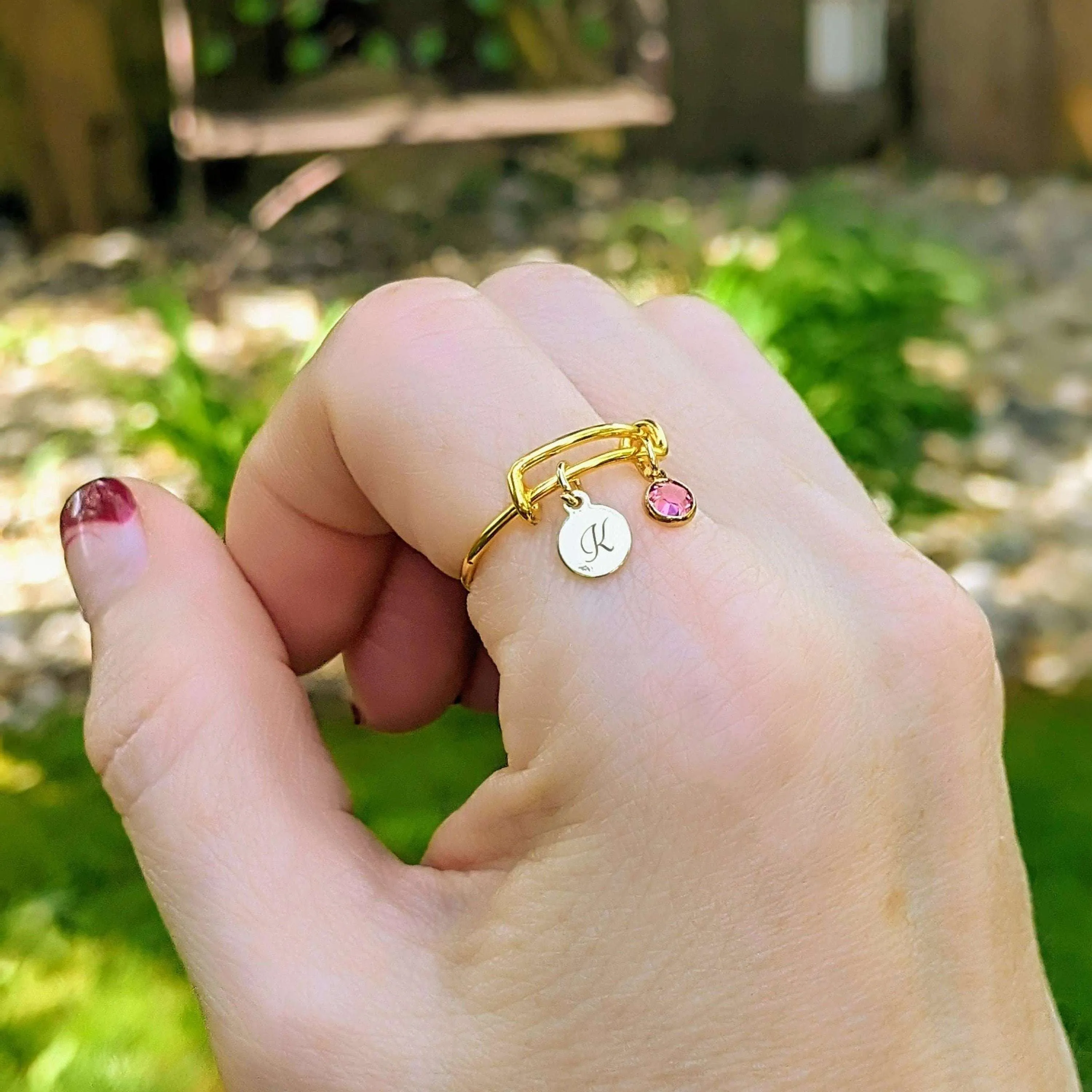 Gold Expandable Initial & Birthstone Charm Ring,Gift for her