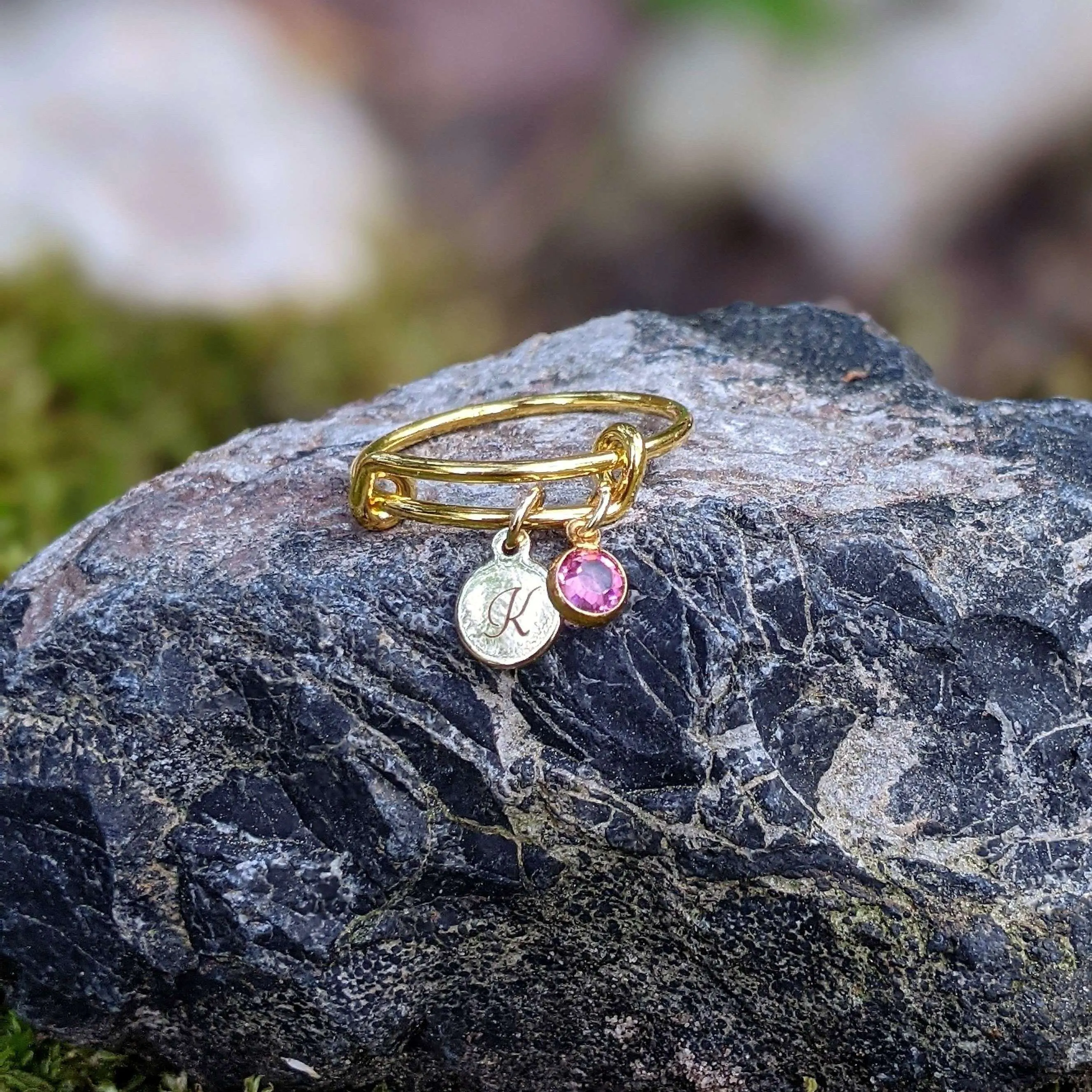 Gold Expandable Initial & Birthstone Charm Ring,Gift for her
