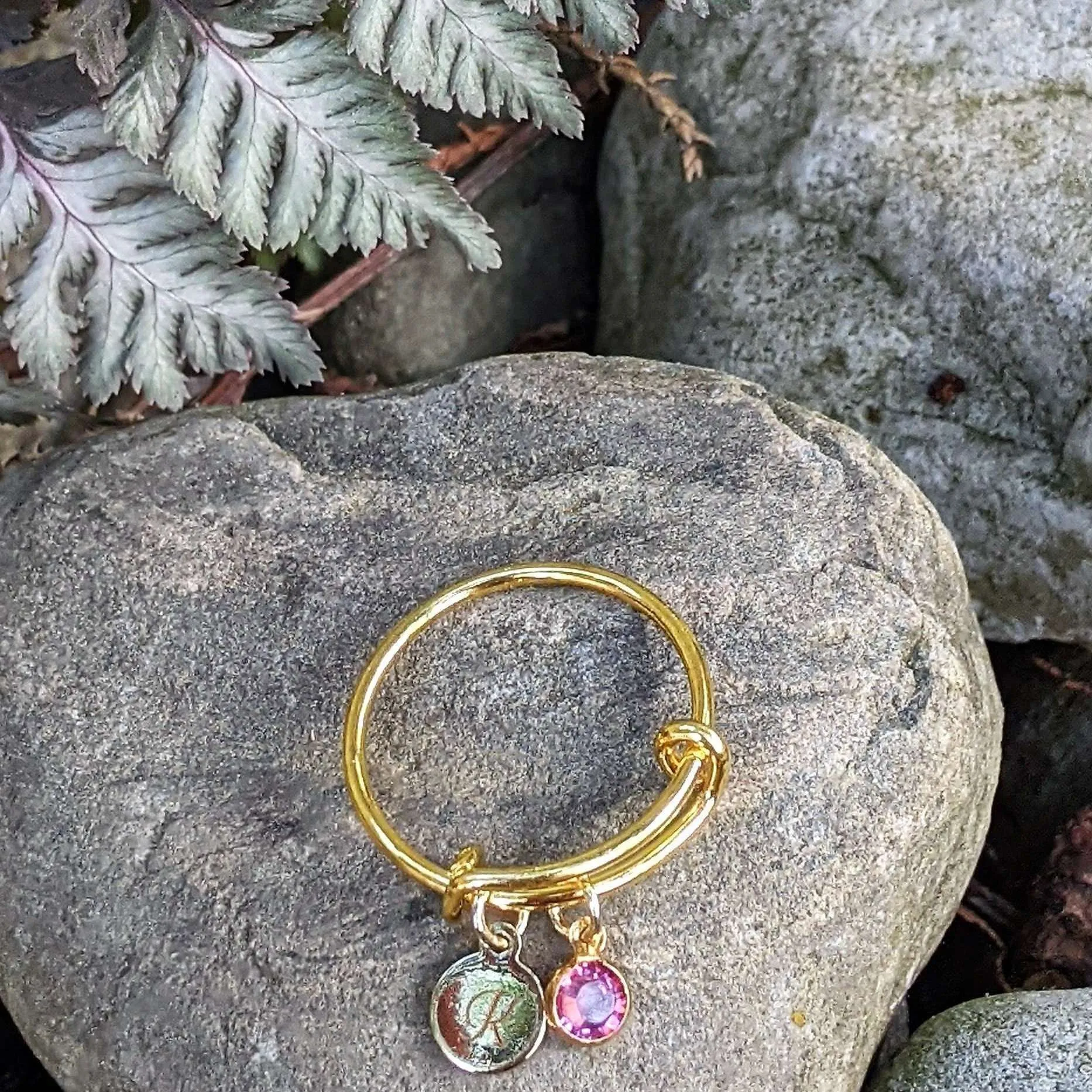 Gold Expandable Initial & Birthstone Charm Ring,Gift for her