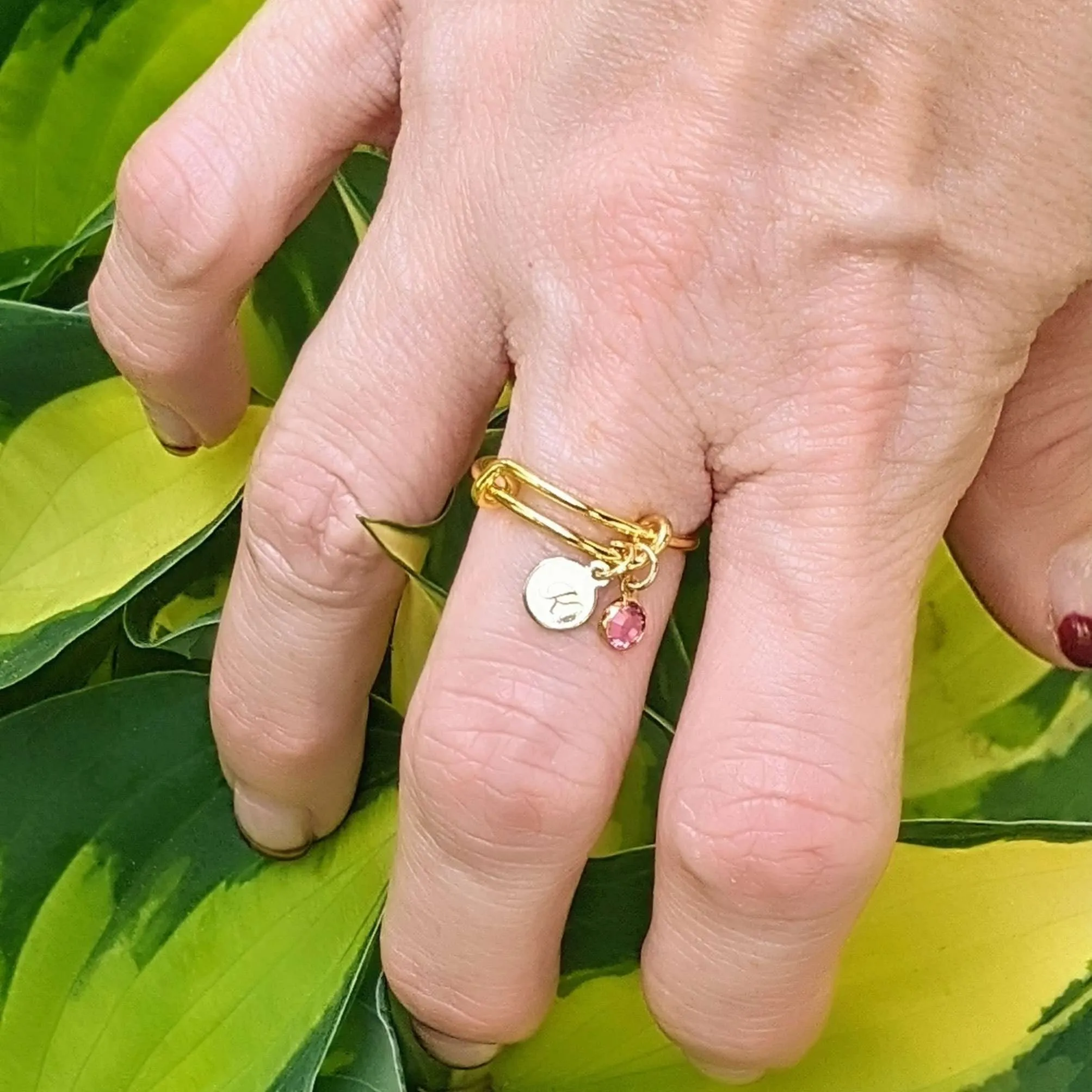 Gold Expandable Initial & Birthstone Charm Ring,Gift for her