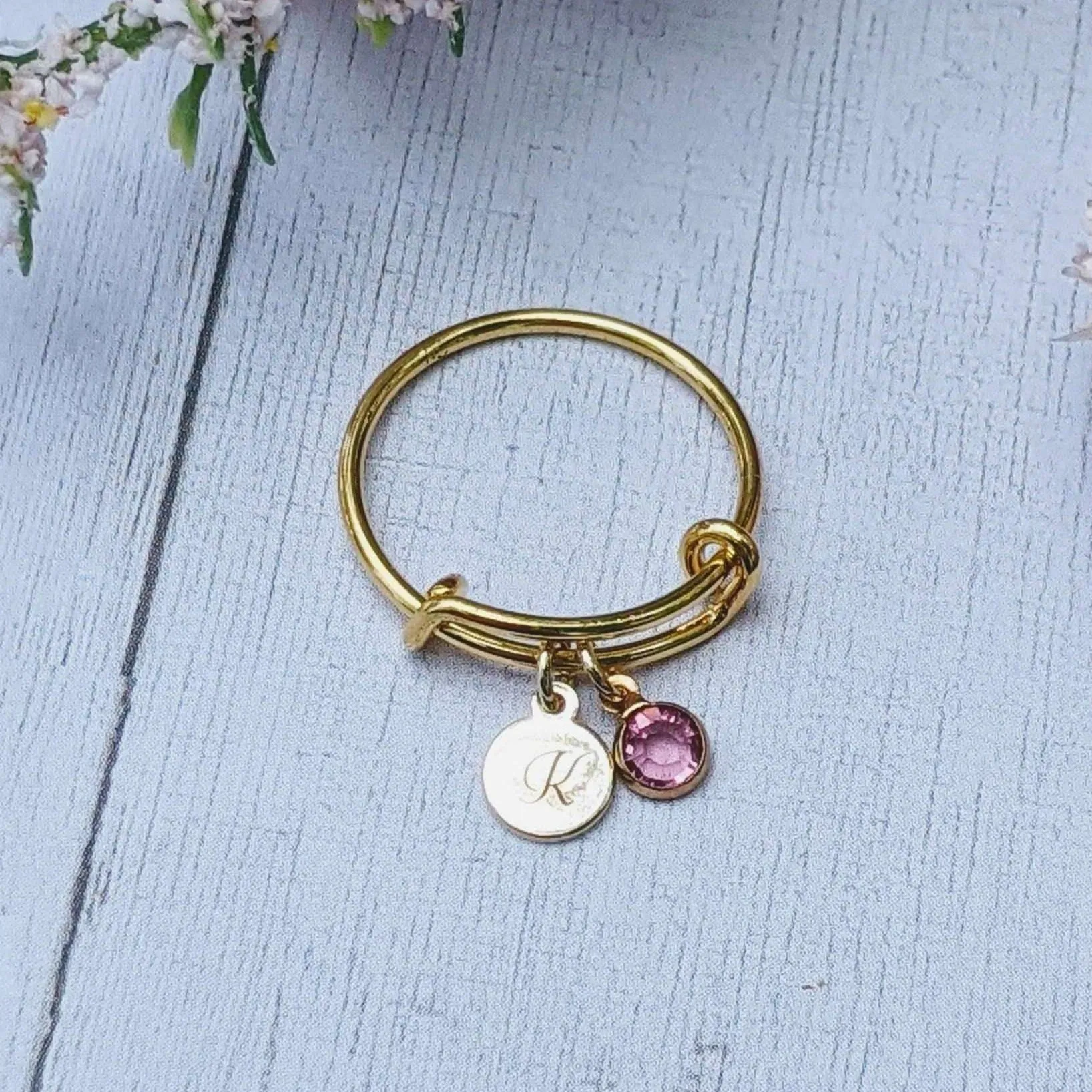 Gold Expandable Initial & Birthstone Charm Ring,Gift for her