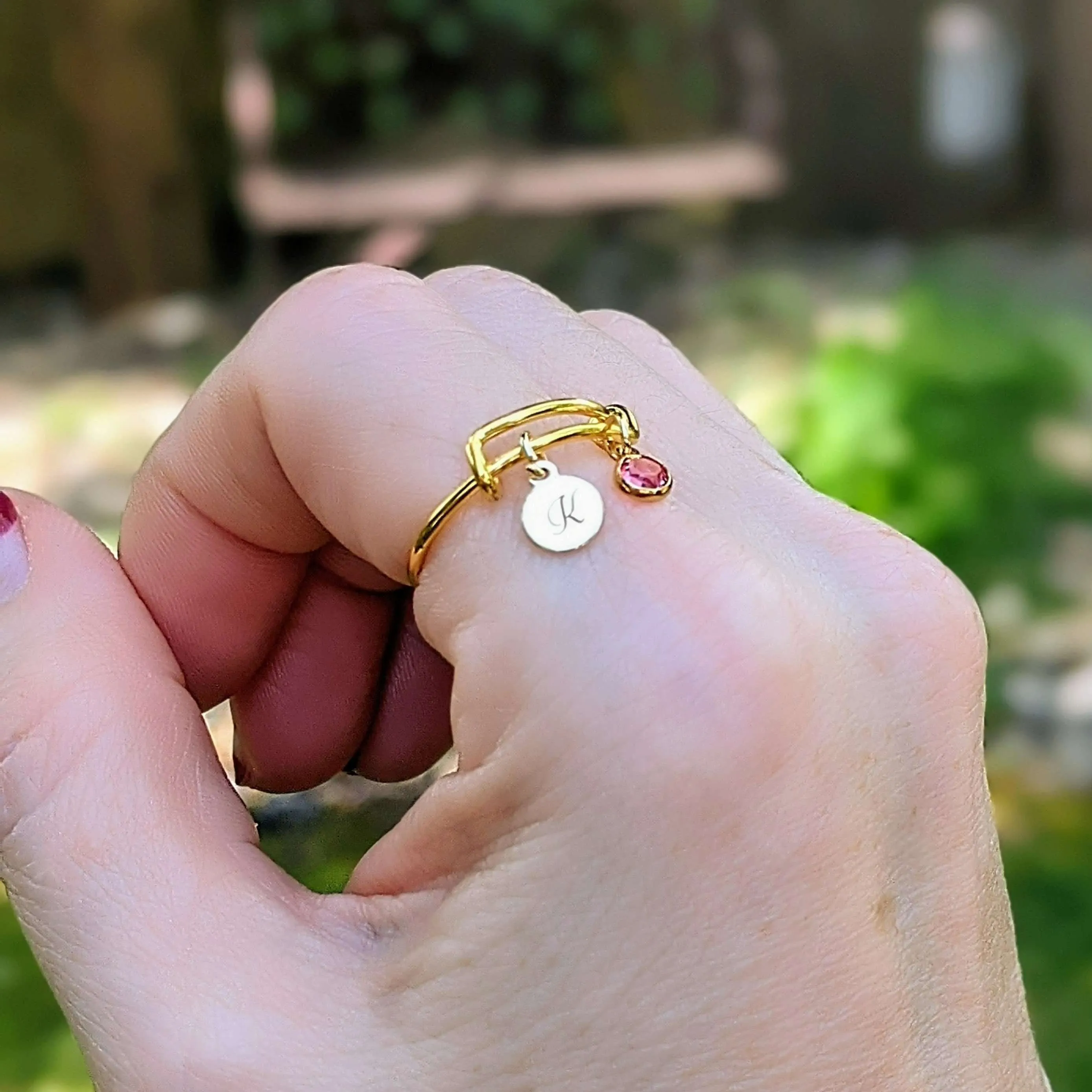 Gold Expandable Initial & Birthstone Charm Ring,Gift for her
