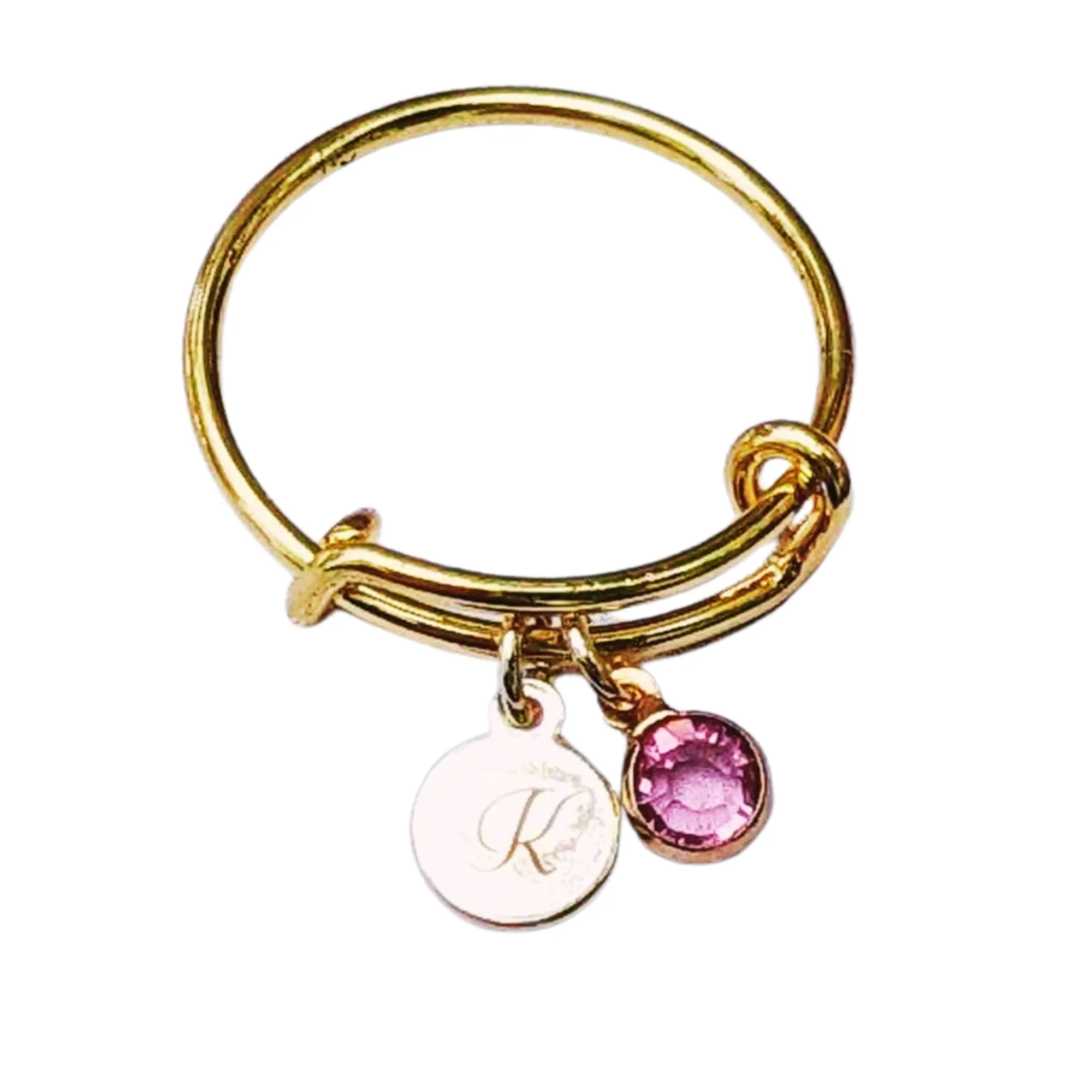Gold Expandable Initial & Birthstone Charm Ring,Gift for her