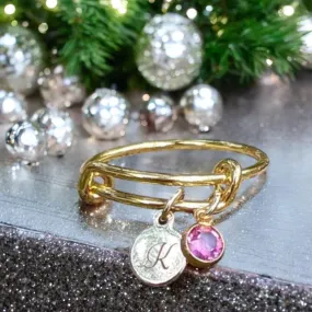 Gold Expandable Initial & Birthstone Charm Ring,Gift for her